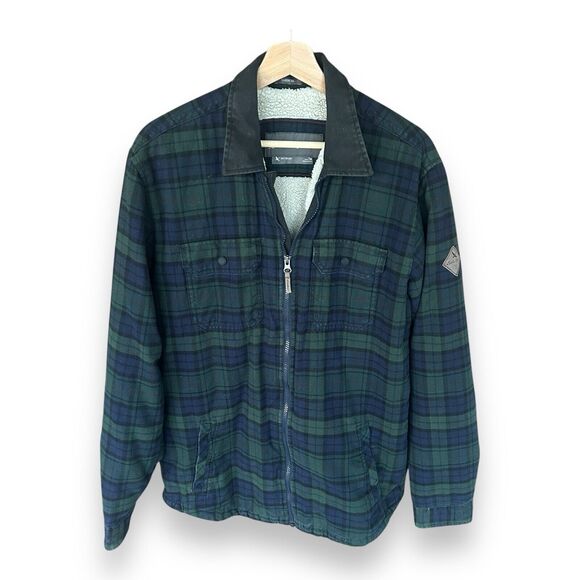 Eddie Bauer Work Jacket Coat  Shacket Green Blue Plaid Sherpa Size Tall Medium - Picture 2 of 14